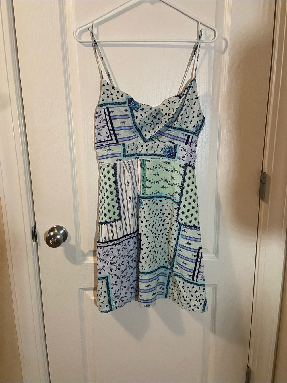 Blue and Teal Patchwork Spaghetti Strap Mini Dress
